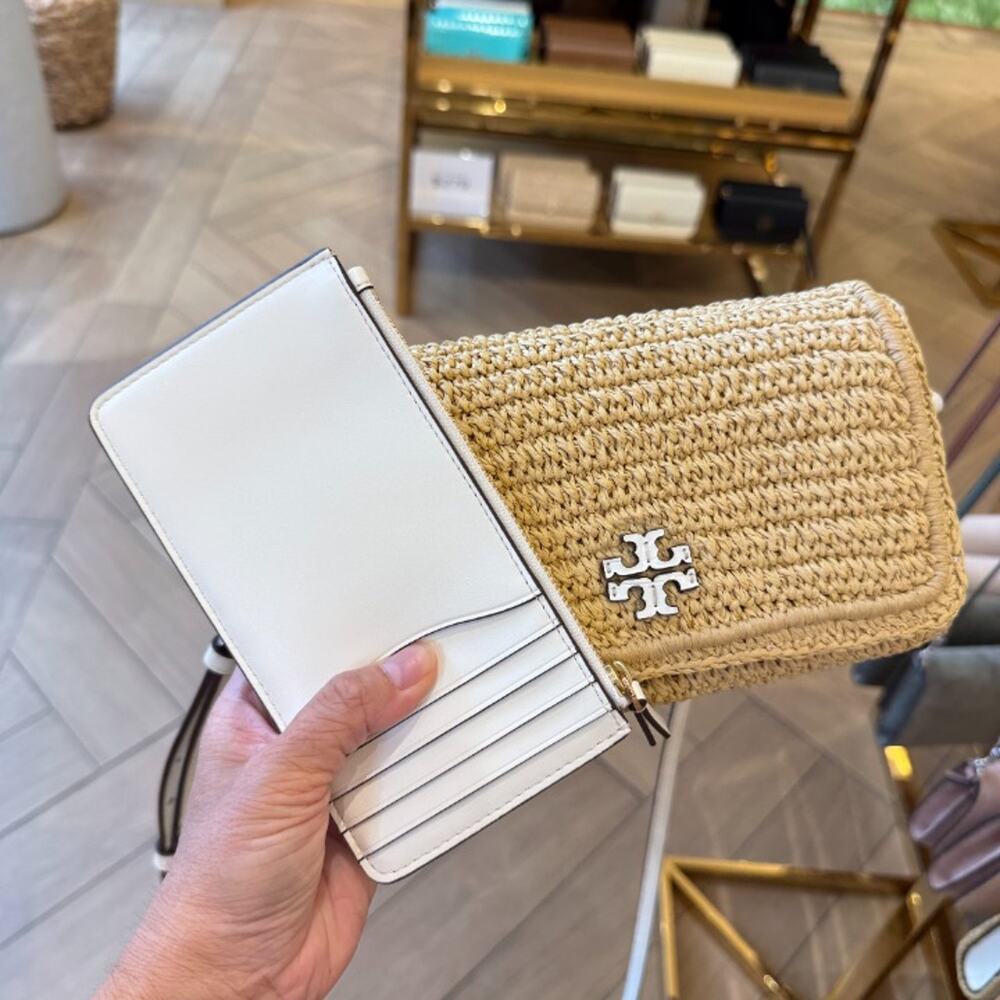 Tory Burch Thea Raffia Flat Wallet Crossbody 180152 Raffia / Ice Crystal $525 - Picture 6 of 9